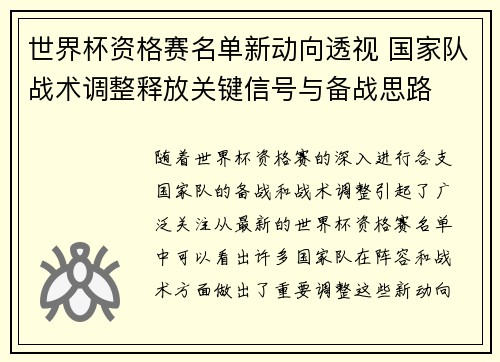 世界杯资格赛名单新动向透视 国家队战术调整释放关键信号与备战思路