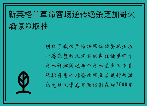 新英格兰革命客场逆转绝杀芝加哥火焰惊险取胜 新英格兰革命客场逆转绝杀芝加哥火焰惊险取胜
