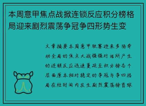 本周意甲焦点战掀连锁反应积分榜格局迎来剧烈震荡争冠争四形势生变